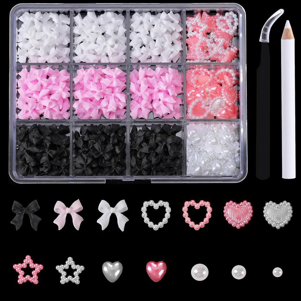 12-Grid Streamer Bow Tie Christmas White Red Resin Bow Nail Jewelry Mixed Set Diy