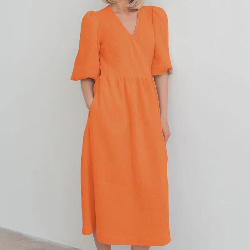 

New Fashion Fashion Self-Tie Dress Puff Sleeve Dress Lace up Bubble Sleeve Dress Orange L