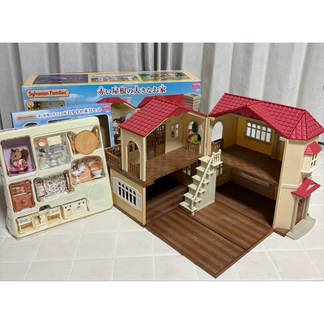 Used Sylvanian Families Big House with Red Roof Recommended Furniture Set with Doll and Box