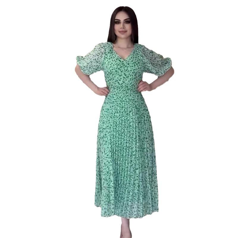 2024 Summer European and American Women's V-neck Slim Fit Pastoral Floral Dress