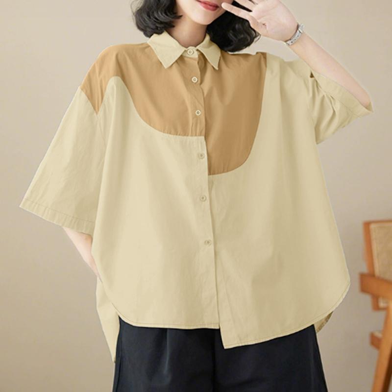 ZANZEA Women Casual Turn Down Collar Loose Patchwork Half Sleeve Blouse