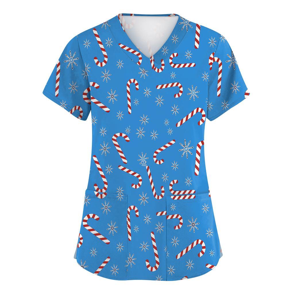 Women's Fashion Short Sleeve Christmas Print V-Neck Pocket Workwear Tops