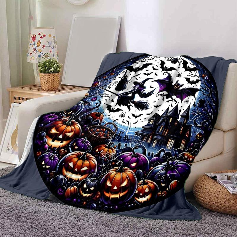 1 szt. Koc Halloweenowy Nietoperz Wiedźma Dynia Miękki Koc do Dekoracji Pokoju, Idealny Pomysł na Prezent, Salon, Podróż, Kemping, Kocy Samochodowe