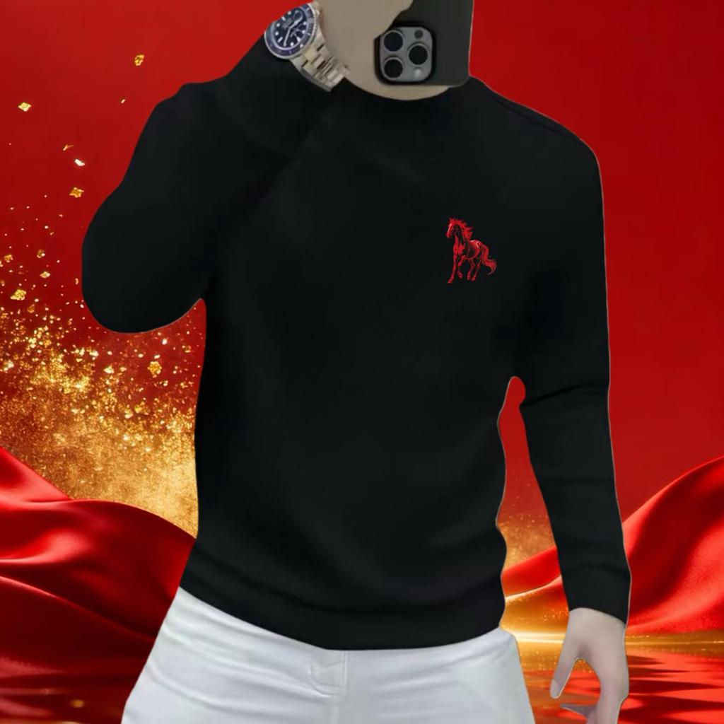 2026 Year of the Horse Zodiac Men's Red Hoodie - Cotton Print Long Sleeve T-Shirt Top