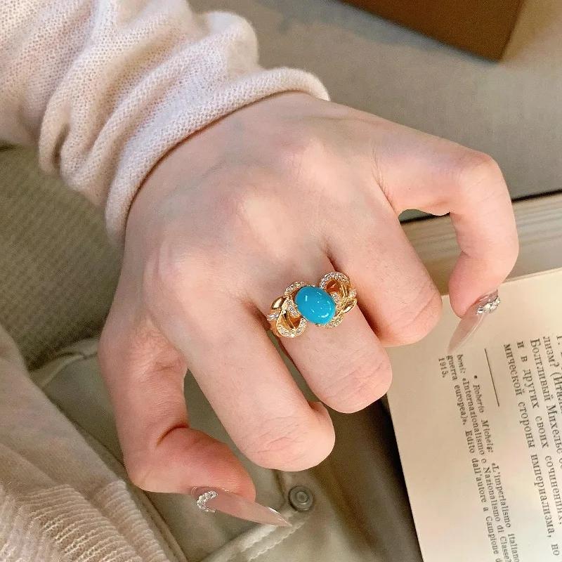 Inele turcoaz pentru femei Inel oval albastru răcoritor de lux ușor lucios golit cu val retro clasic banchet zircon fin