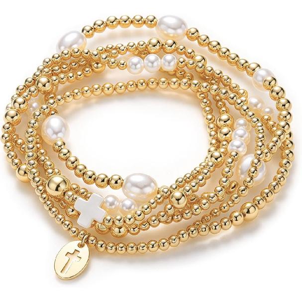 Gold Beaded Bracelets for Women, 14K Real Gold Plated Jewelry for Women Dainty Pearl Bead Bracelets Stack, Non Tarnish Trendy Stackable Ball Cross