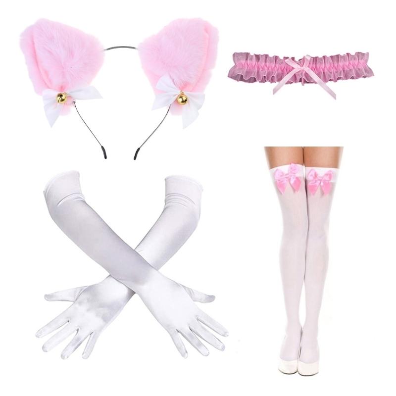 

Catgirl Costume Accessories With Cats Ear Headband Lace Collar Necklace Gloves and Knee High Socks рожевий