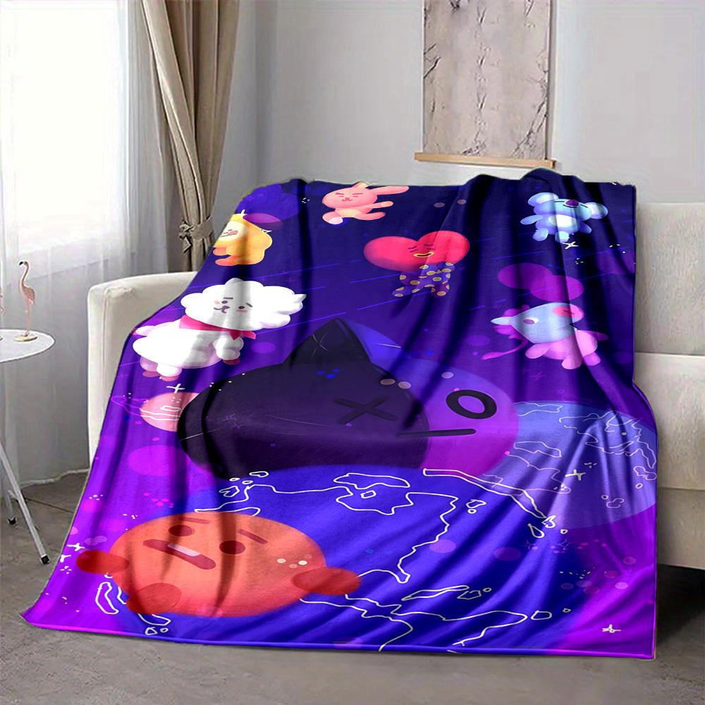 1pc BT21 Characters Flannel Blanket [Cozy Throw Blanket] For Sofa, Bed, Travel, Camping, Livingroom, Office, Couch, Chair, And Bed