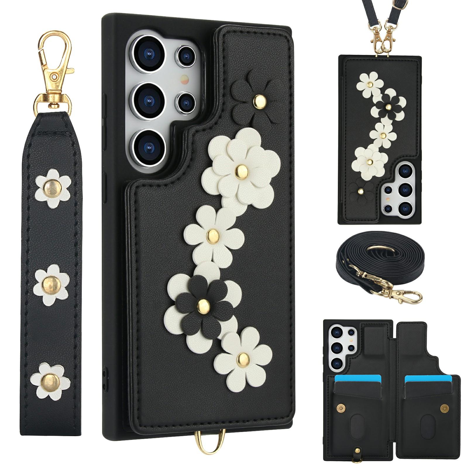 

For Samsung Galaxy S26 Ultra Case Card Slots Leather Coated TPU Flower Phone Cover with 2 Straps