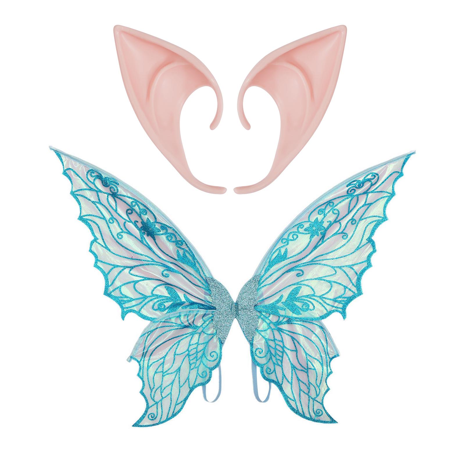 

Градієнтні прозорі крила метелика та гумові загострені вуха ельфа для дітей, дорослих, набір аксесуарів для костюма феї на Хеллоуїн One Size синій