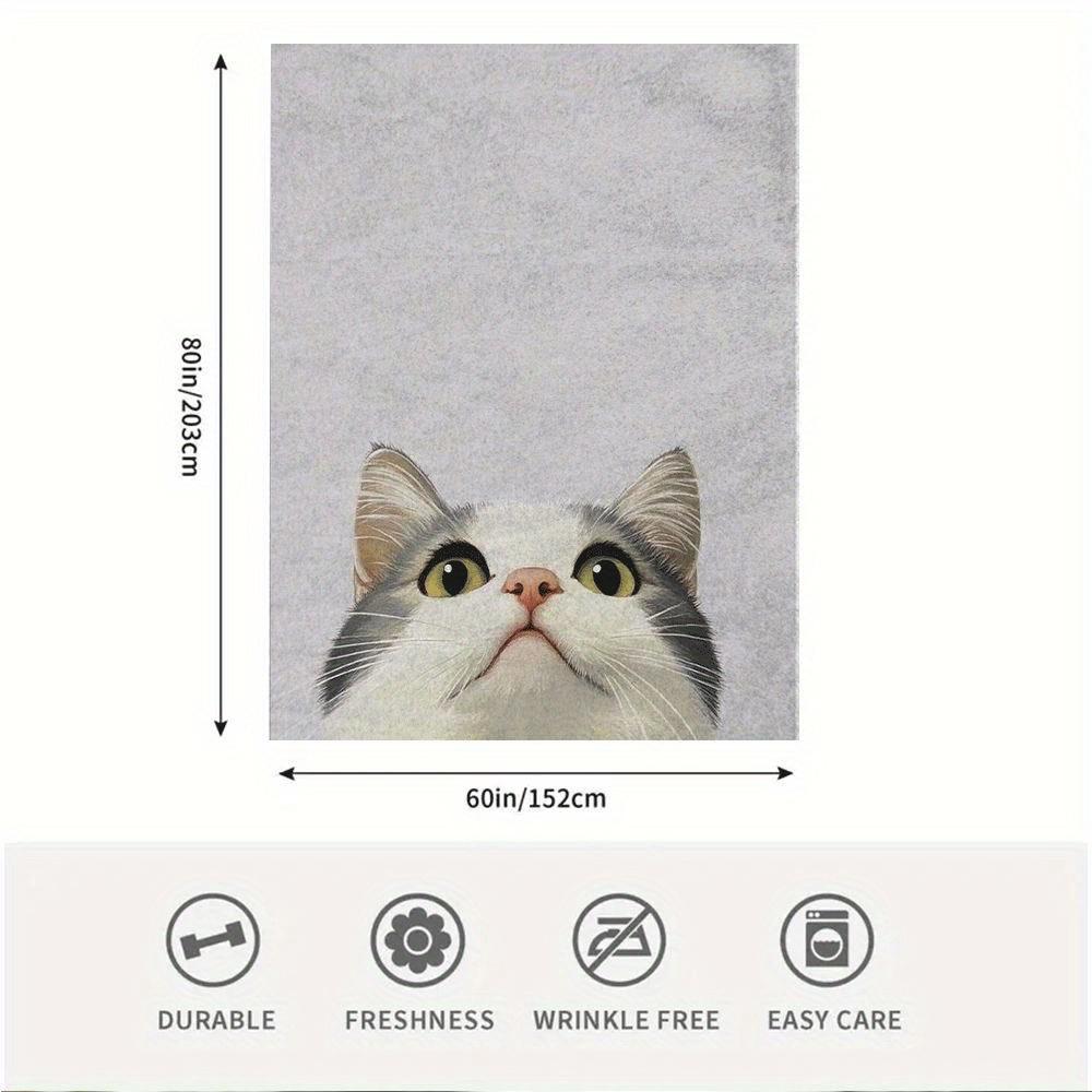 1pc 60x80 Inch Single-Sided Printed Blanket - White & Gray Cat with Green Eyes on White Background, Retro Style Cozy Soft Lightw