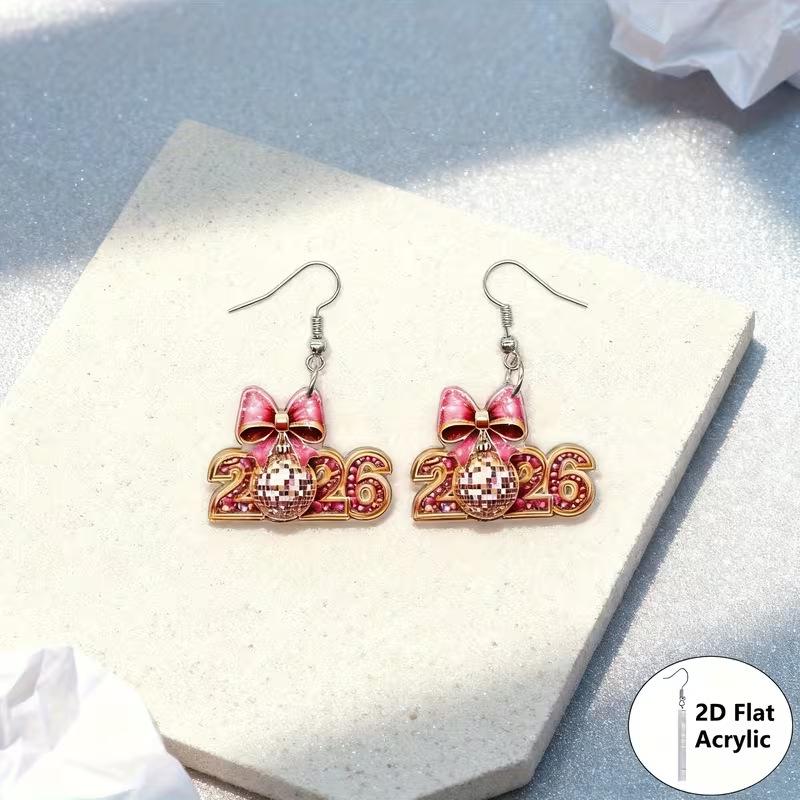 New European and American fashion digital 2026 bow earrings Christmas and New Year party atmosphere disco earrings