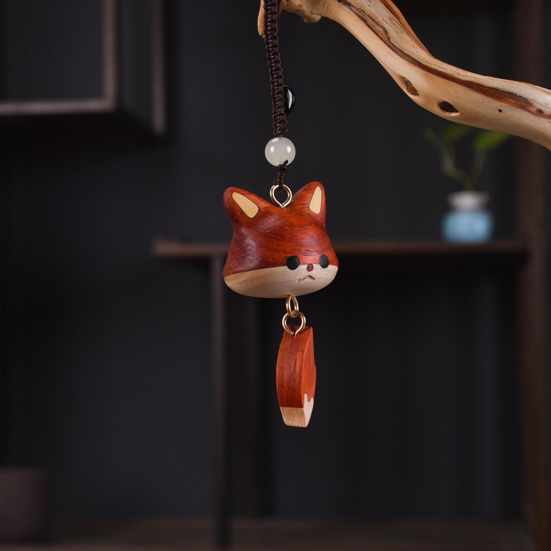 Creative Cute Wooden Little Fox Hanging Ornament Keychain Necklace, Solid Wood Inlaid Animal, New Chinese Style Key Hanger