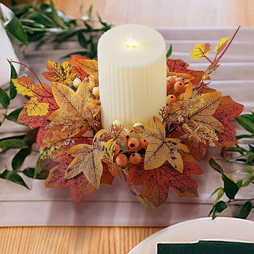Fall Candle Ring 9.8Inch Maple Leaves Harvest Day Wreath Ring Holder Small Wreath Pillar Candle Holder Farmhouse Wreath Festival