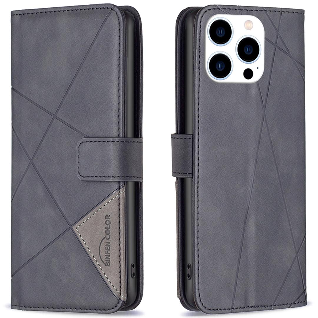 

For iPhone 16 Pro Phone Cases Wallet Stand Geometry Imprint Leather Cover Black
