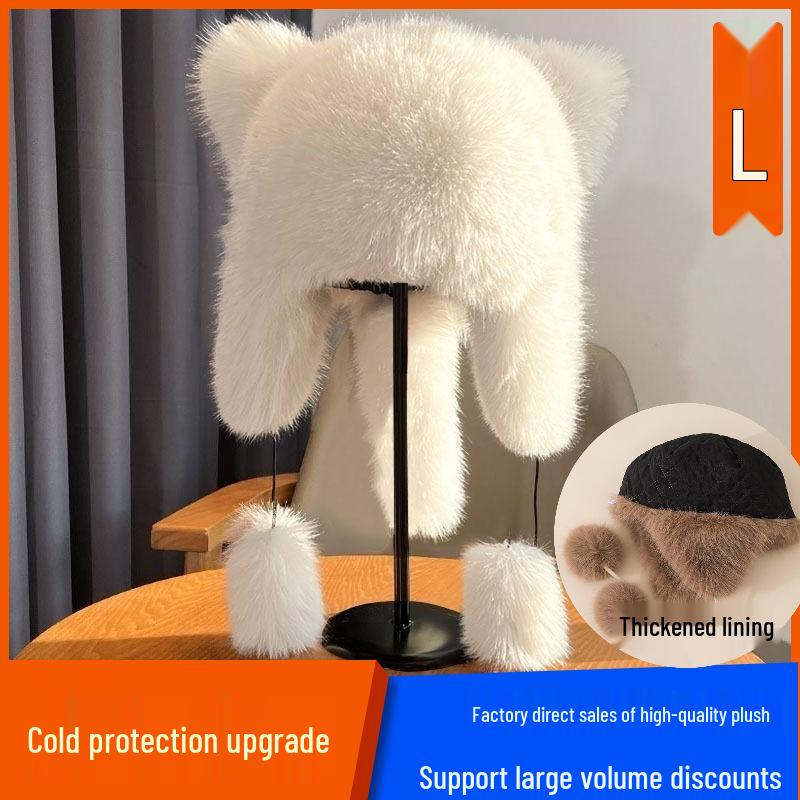Women's Winter Fluffy Lei Feng Hat with Raccoon Tail and Faux Fur Ear Flaps