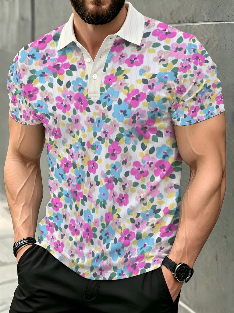 Men's Outdoor Polo Shirt, Available in Multiple Sizes. Men's Short-sleeve Polo with All-over Colorful Floral Print, White Turn- Collar. Men's Top