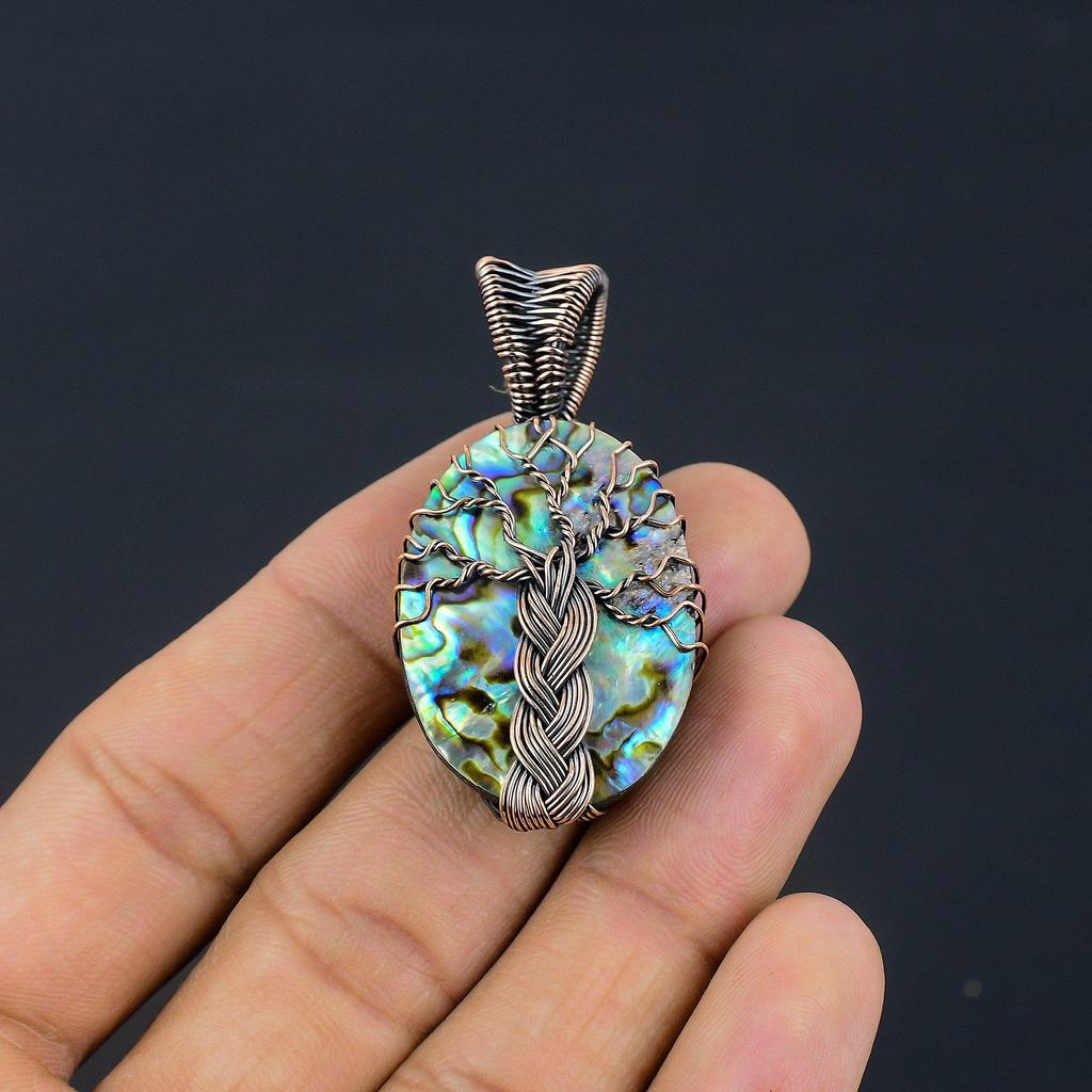 Abalone Shell 999 Copper Wire Wrapped Pendant, Handmade Gemstone Pendant Jewelry, Gifts For Wife Brand New Pendant