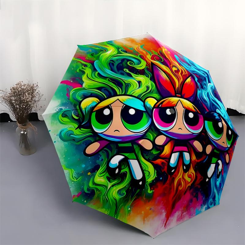 1pc Powerpuff Girls Automatic Opening Folding Umbrella - 8 Bone Iron Frame, Portable Design, Outdoor, Ideal Gift for Fans, Travelers, Daily Use.K