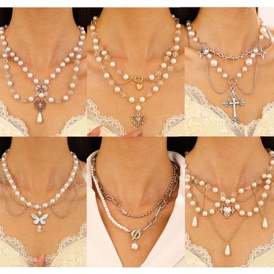 European and American Cross-border Jewelry, Niche Design Spice Girl Imitation Pearl Tassel Love Cross Butterfly Versatile Necklace Women