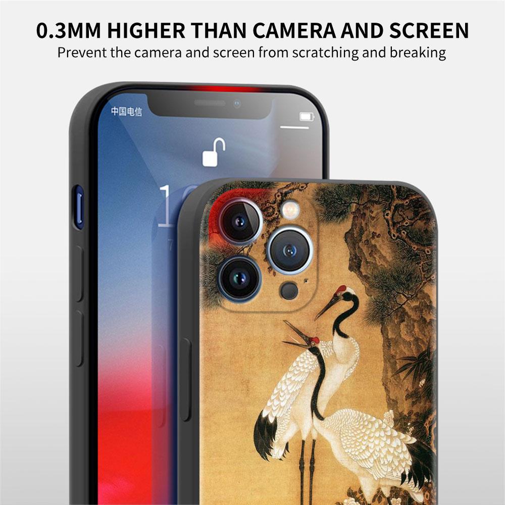 Funda Case For Apple iPhone 14 11 13 7 12 Pro 7 XR XS Max 8 Plus 6 14Pro 13Mini Black Soft Phone Coque Tiger Crane ART