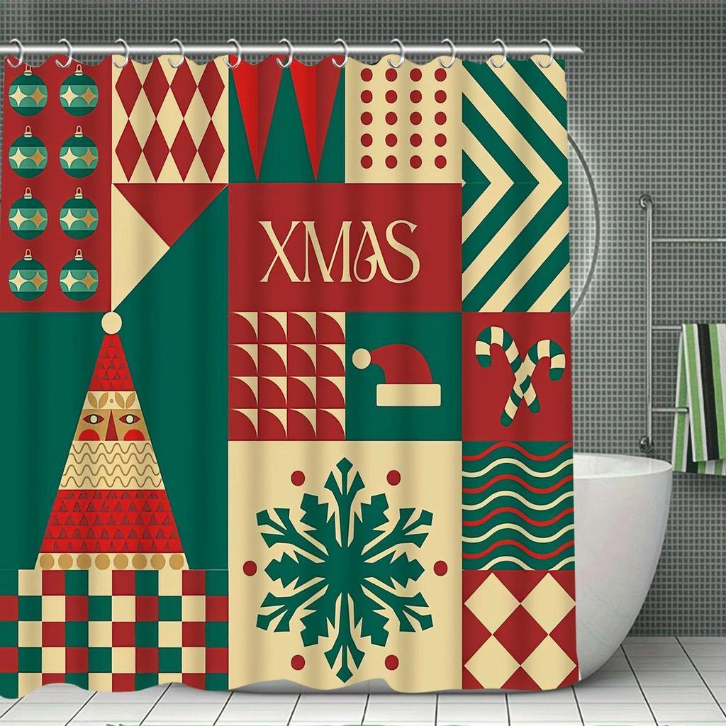 Christmas Merry Christmas 4pcs Winter Decoration Shower Curtain Set with 12 Hooks, Waterproof Shower Curtain, Non-Slip Bath Ma