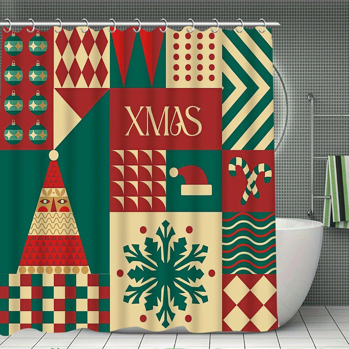

Рождество С Рождеством 4шт Зимнее украшение Набор шторки для душа с 12 крючками, Водонепроницаемая шторка для душа, Нескользящий коврик для ванной 90x180cm