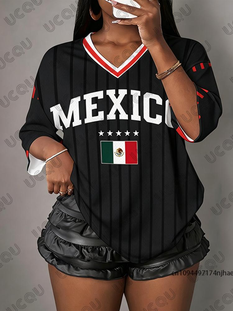 Summer New Stripe Mexico Flag Print T-Shirt For Women V-Neck Short Sleeve Sports Tees Football Jersey Y2K Loose Oversized Tops