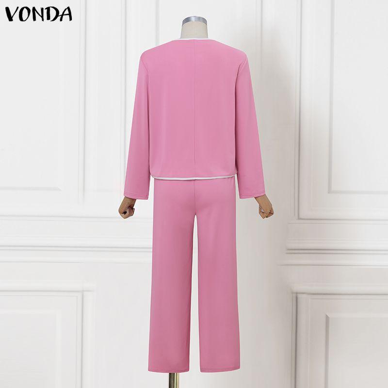 VONDA Two Piece Suit Women Retro Long Sleeve Splicing Blouse and Pants Casual Office Sets
