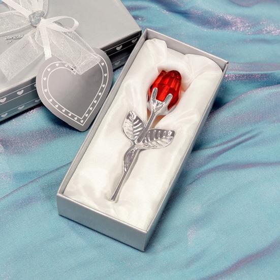 Faux Crystal Rose Flower Gift with Metal Stem Clear Flower Figurine with Gift Box