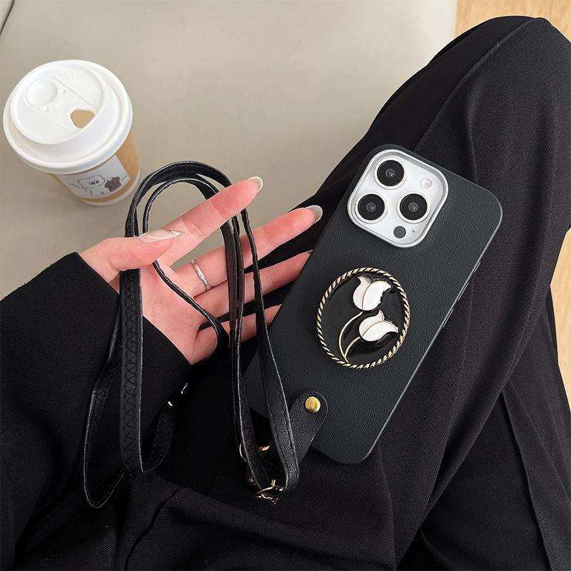 Metal Tulip Airbag Holder Mobile Phone Case For Iphone16 Messenger Rope Apple 15Promax Protective Case