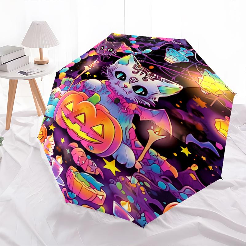 1pc Halloween Themed Cats Cartoon Umbrella, Portable 3-Fold Compact Umbrella, Suitable for Camping, Hiking and Travel, Ideal Easter Birthday Gift