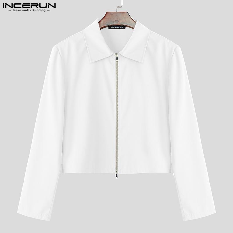 INCERUN Men Lapel Long Sleeve Stitching Zipper Up Cropped Jackets Short Coats