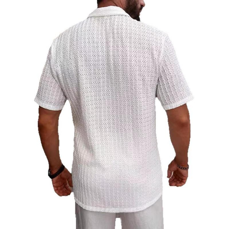Summer New Casual Men's Short-sleeved Fashion Hollow Solid Color Jacquard Cardigan Tops for Men