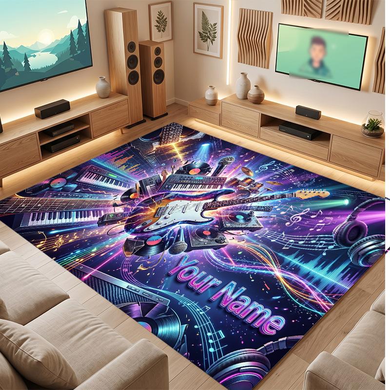 Music Theme Soft Crystal Velvet Rug Custom Name & Text Print Non Slip Floor Rug for Bedroom Living Room