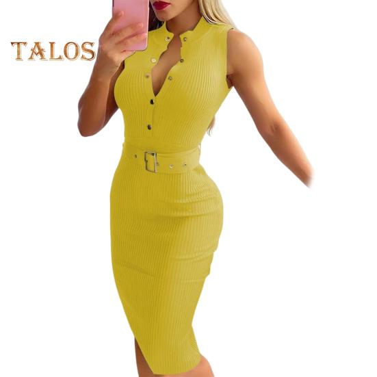 

Женское повседневное платье Slim Fit с поясом и высокой талией Воротник-стойка с V-образным вырезом без рукавов Половина однобортный OL Стиль Оболочка длиной до колена Формальный офисный миди M жёлтый