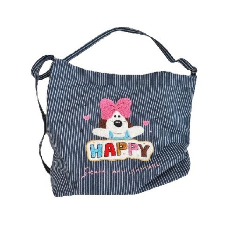 Literary Cute Puppy Cartoon Embroidered Striped Canvas Bag Student Shoulder Messenger Bag Female