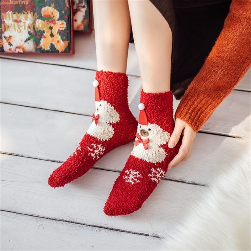 Festival Thickened Coral Velvets Floor Socks for Home Comfort Indoor Fuzzy Slipper Socks with Cartoon Christmas Pattern