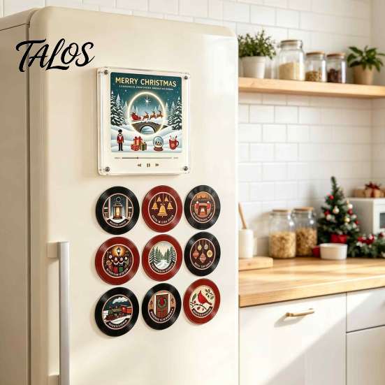 NFC Vinyl Record Player Fridge Magnet for Christmas, with 9 Programmable Records, Set 256MB Memory, LED Light-Up Personalized Magnetic Music Box Mini
