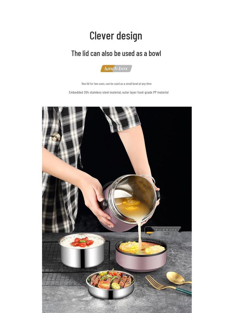 Large Capacity 304 Stainless Steel Double-Layer Insulated Lunch Box with Lid - Food Grade for Office Workers and Students