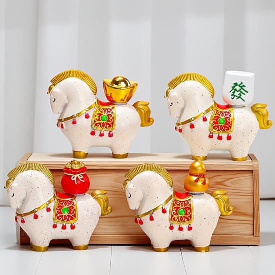 1/4Pcs Cartoon Horse Statue Rotatable Golden Ingot Gourd Money Bag Lucky Pony Figurine Home Office Desktop Feng Shui Decoration Ornament