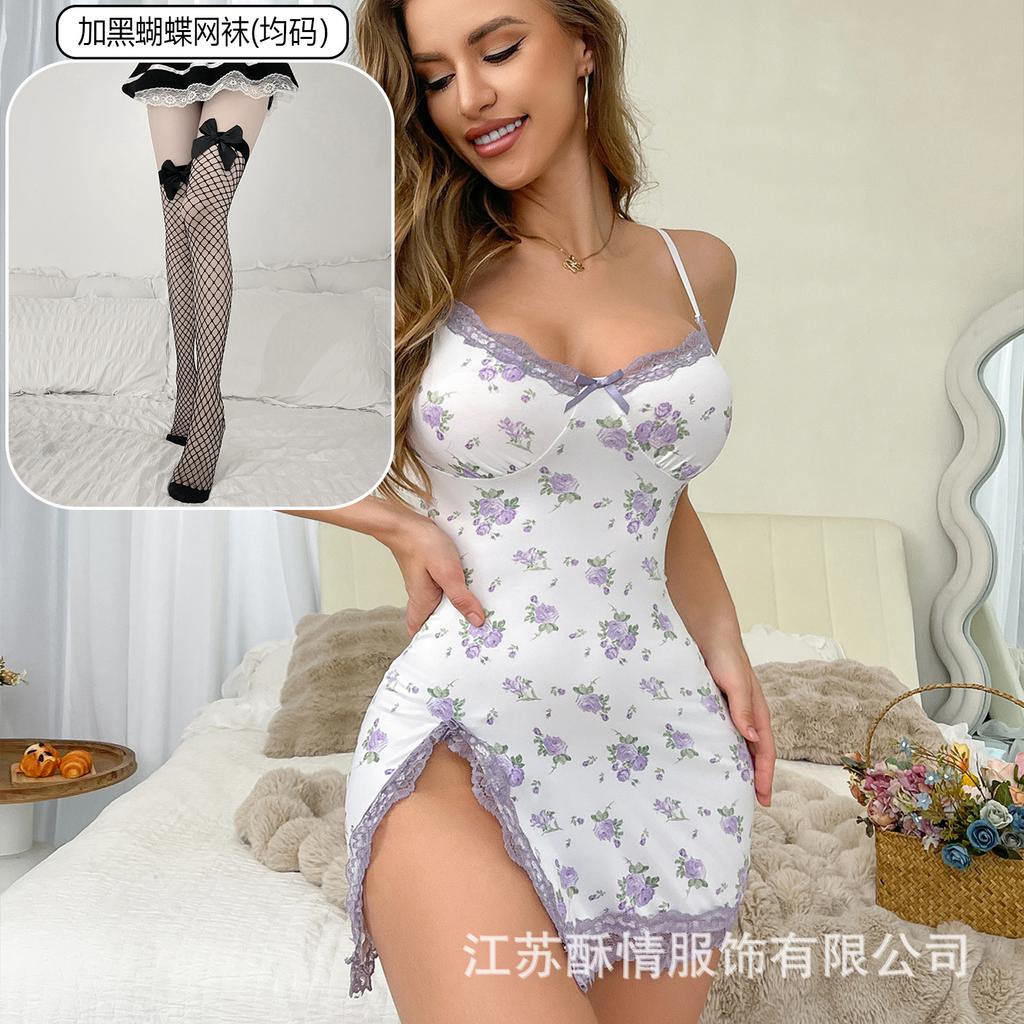 Crispy lingerie small floral splicing lace sexy low-cut European and American style casual split hip skirt nightdress