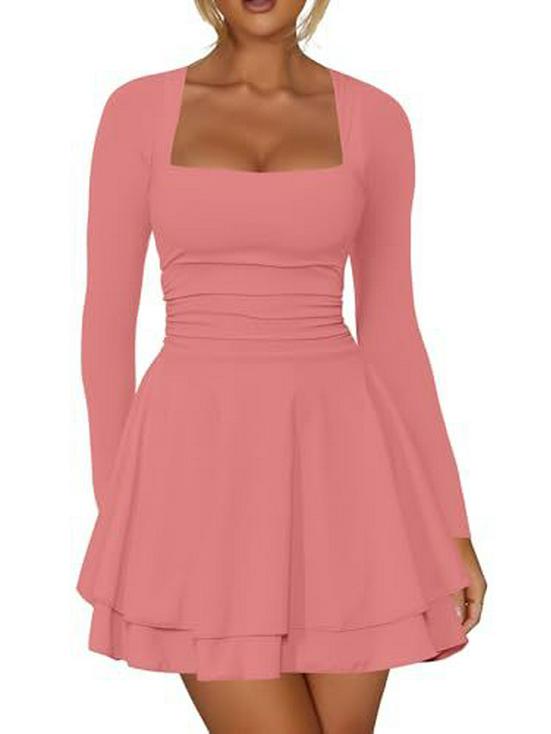 European & American Women's Square Neck Long Sleeve Slim Fit Short Dress - Beach Vacation Style