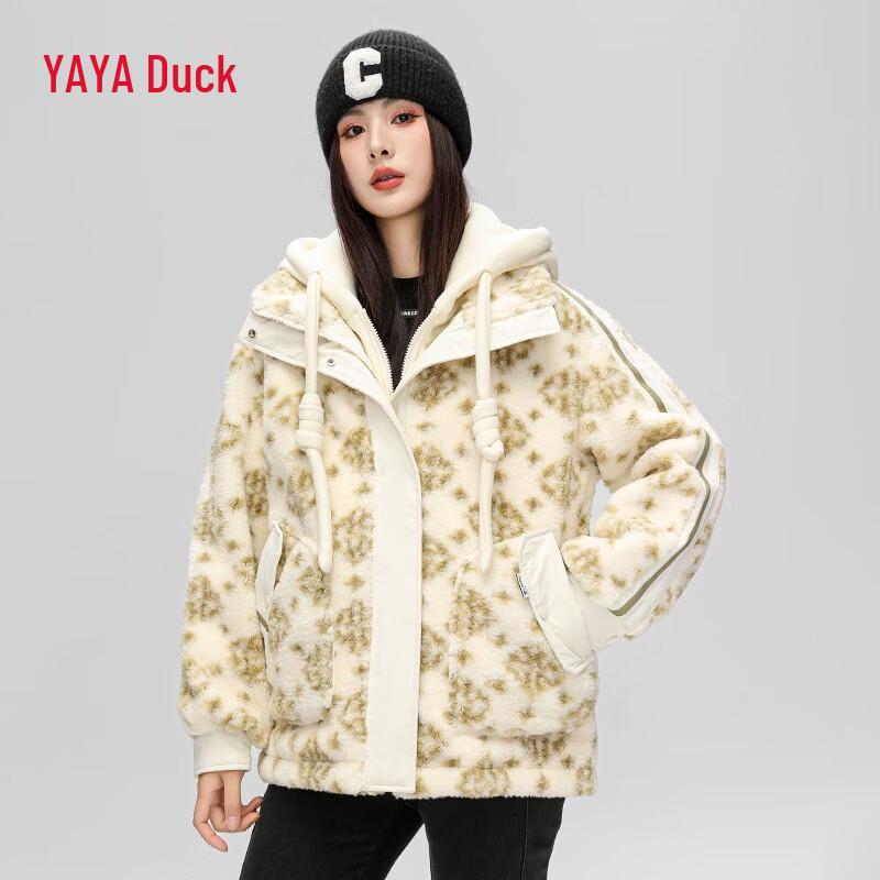 

YAYA Women s Faux Two-Piece Hooded Short Down Jacket with Lambswool Trim