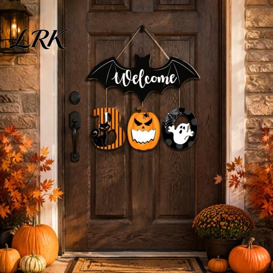 Wooden Boo Welcome Plaque Halloween BOO Door Sign, Spooky Bat Hanging Ghost Pumpkin Creative Holiday Hanger Black Cat Ornaments for Front Window Party
