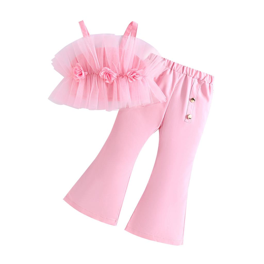 Girls' Fashion Set: Summer Children's Solid-Color Tank Top with Tulle + Flared Pants Set