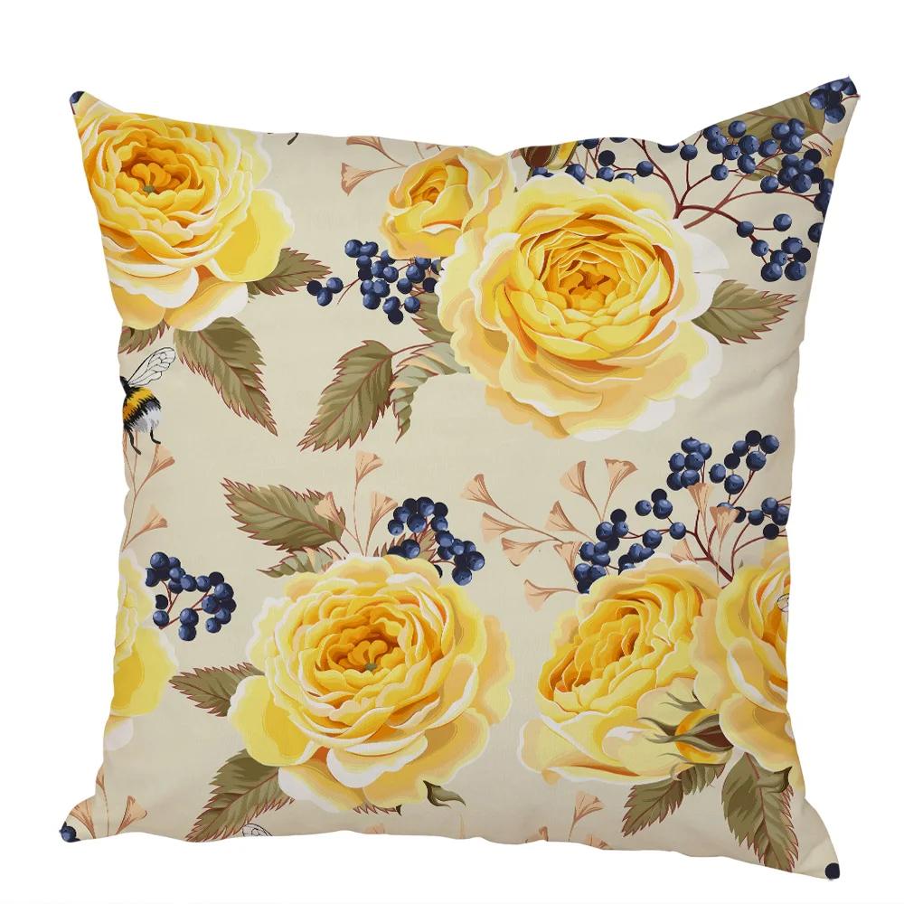 Nordic Style Rose Flower and Birds Pillow Case Cushion Cover for Car Peach Skin Decor Flower Plant Animal Throw Pillowcase