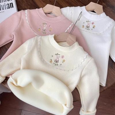 Jersey cálido de invierno para niñas de 2 a 8 años, top de felpa con cuello medio alto para niños, camiseta de punto bordada para niña
