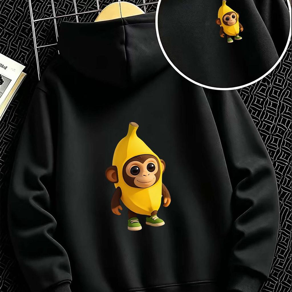 Children's Hooded Sweatshirt with Cartoon Monkey and Banana Print Suitable for Both Boys and Girls Loose Fitcute Animal Pattern.