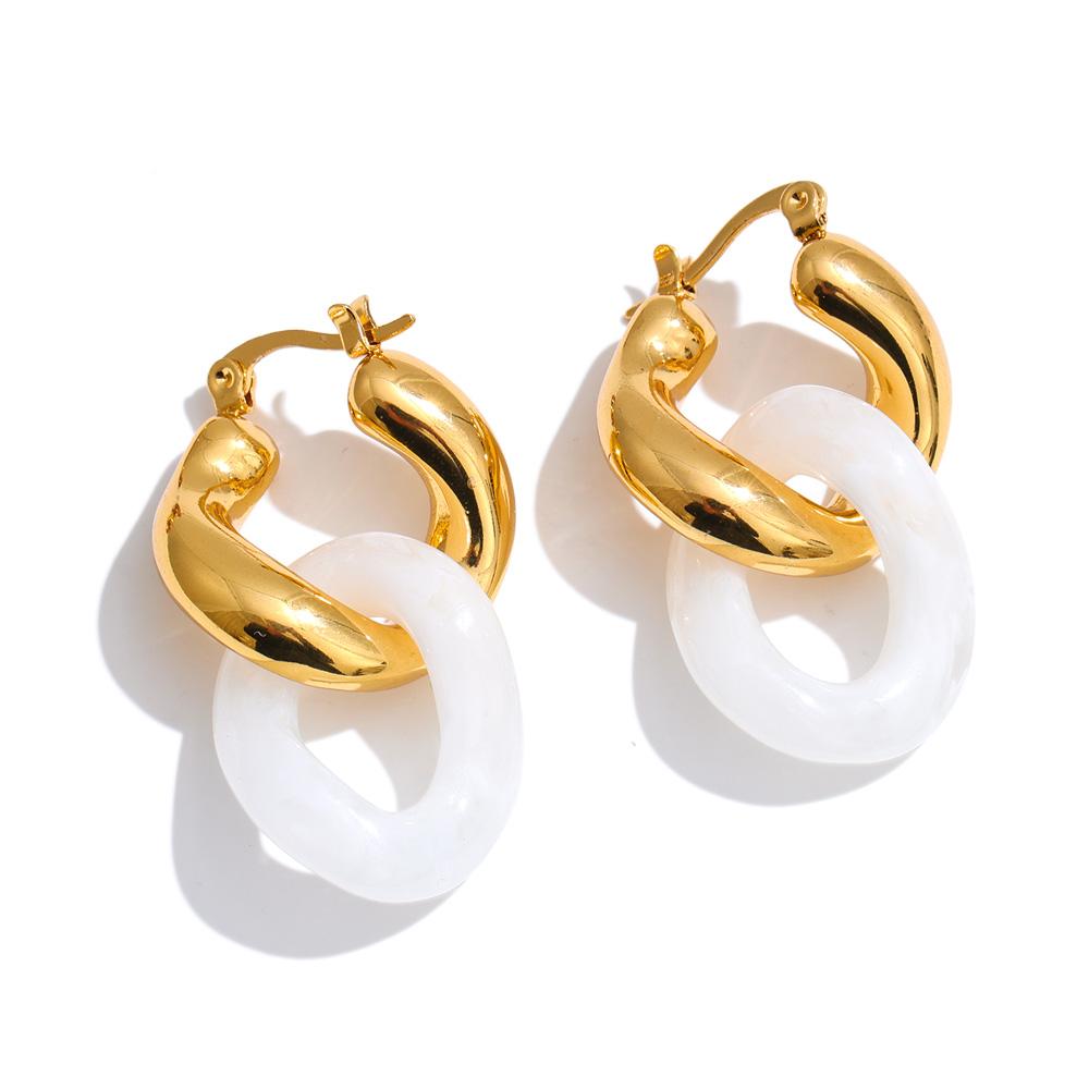 

Yhpup White Amber Resin Acrylic Round Twisted Drop Hoop Earrings for Women Stainless Steel Fashion Daily Waterproof Jewelry